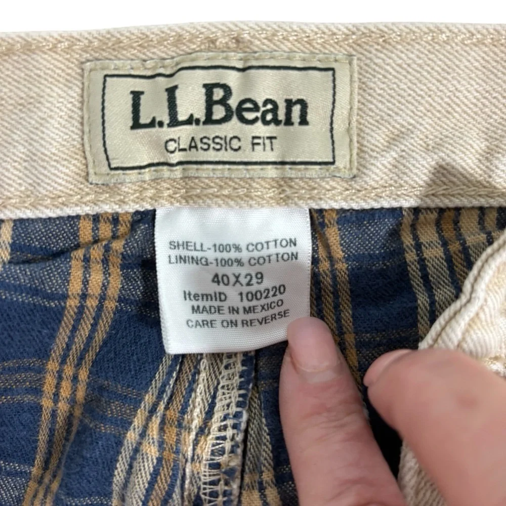 LL Bean Classic Fit‎ Flannel Lined Jeans Tan Plaid Mens Straight Leg Denim #700